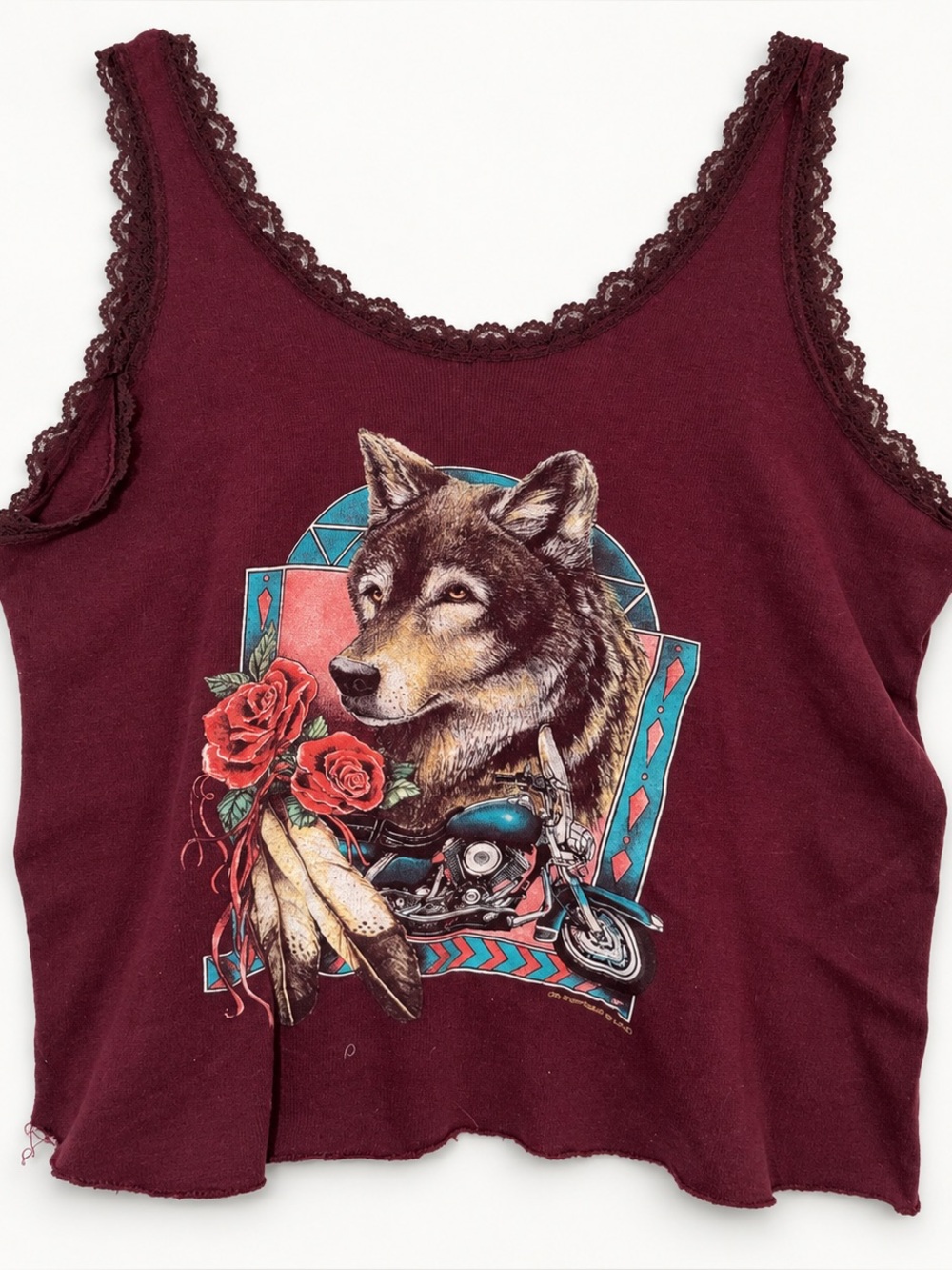 🔥VINTAGE Harley-Davidson Wolf Graphic Lace Trim Tank Top Burgundy Women’s M🔥